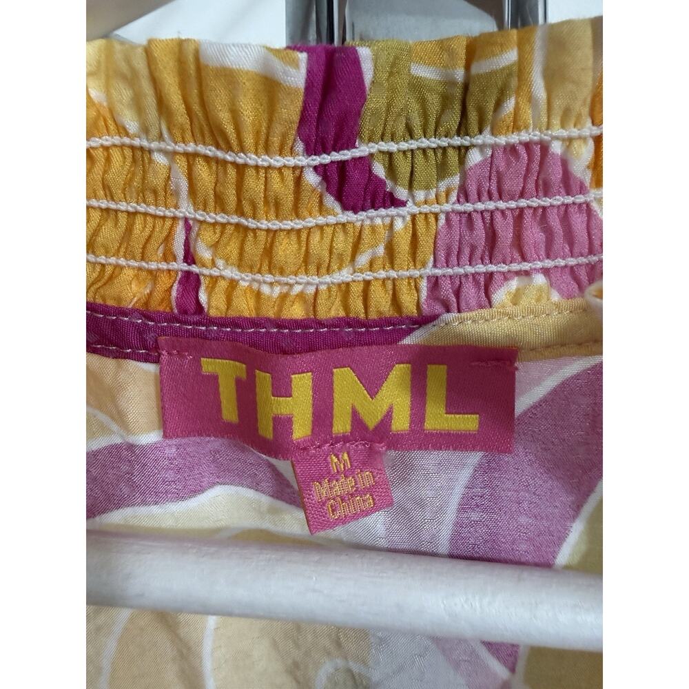 THML Women’s Yellow Pink Abstract Swirl Puff Sleeve V-Neck Blouse Top Size M - Picture 8 of 13